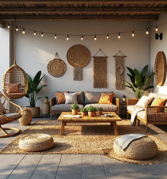 Rattanowy fotel wiszący i sofy ogrodowe w stylu boho