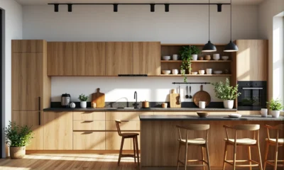 Nowoczesna zabudowa kuchenna dąb z wyspą i otwartymi półkami