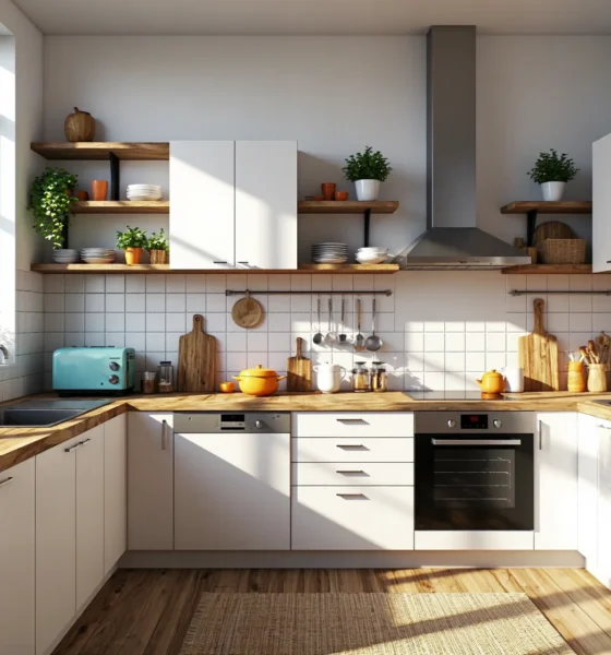 Białe meble kuchenne z drewnianym blatem i otwartymi półkami