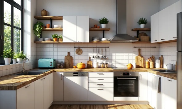 Białe meble kuchenne z drewnianym blatem i otwartymi półkami
