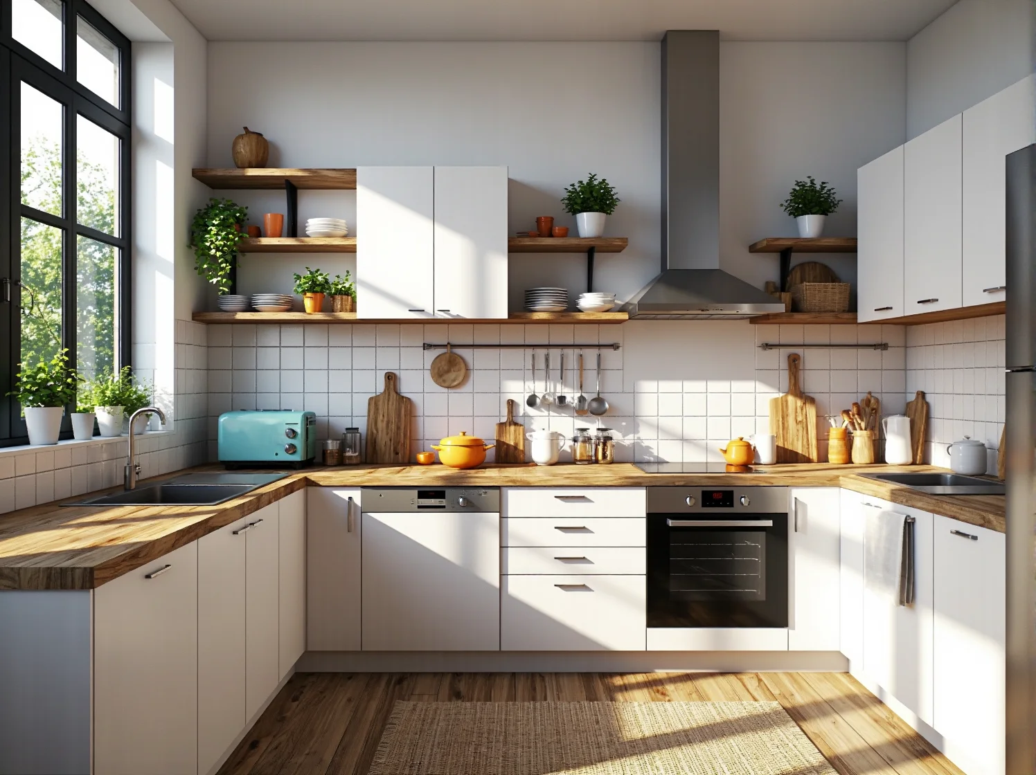 Białe meble kuchenne z drewnianym blatem i otwartymi półkami
