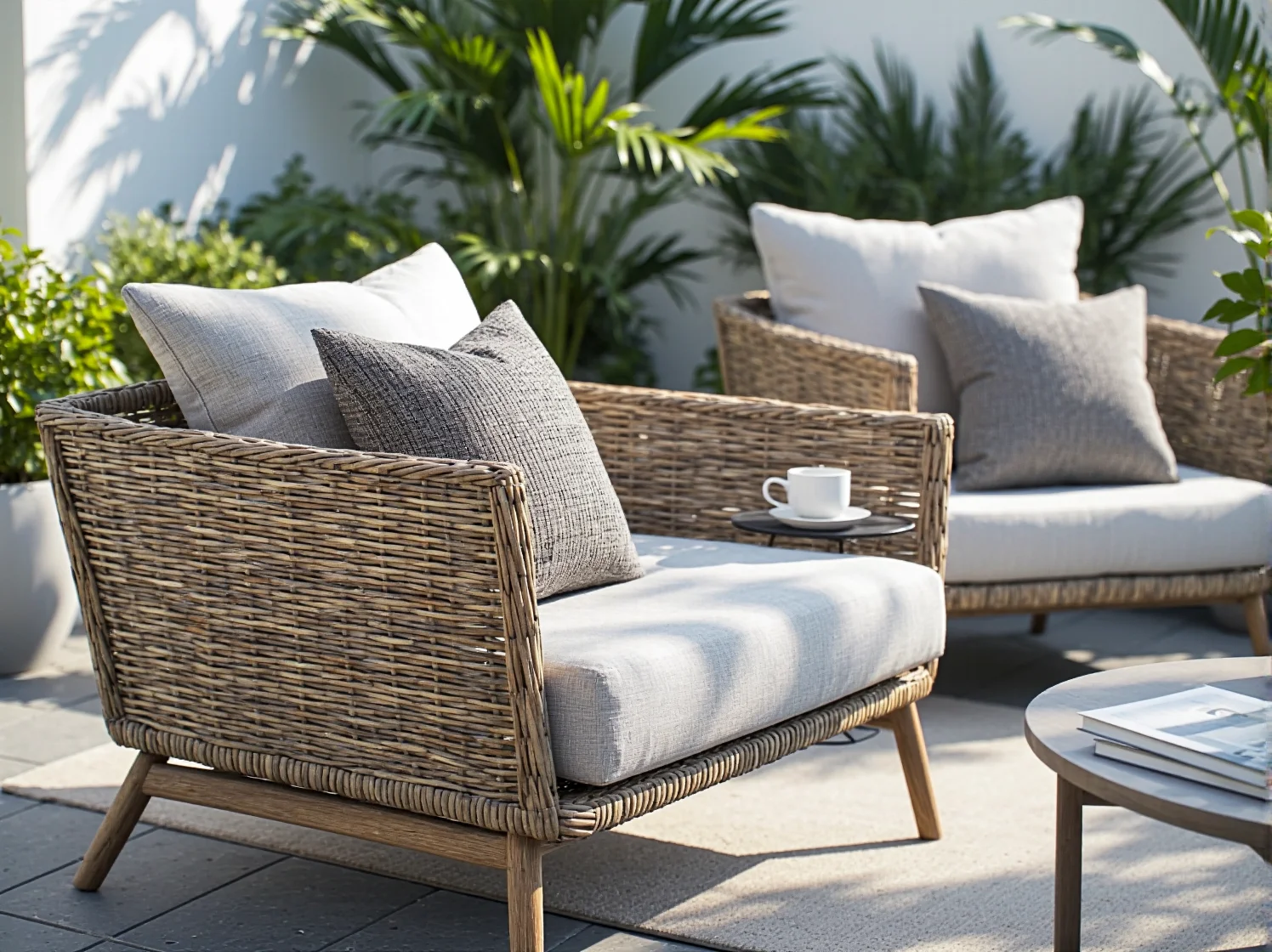 Trwałe, drewniane meble ogrodowe ustawione na tarasie z widokiem na skaliste szczyty gór.