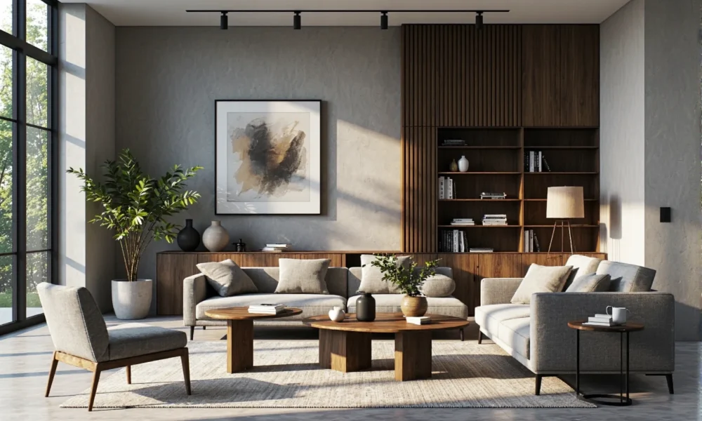 Komplet wypoczynkowy szary z sofami i fotelem na drewnianych nogach