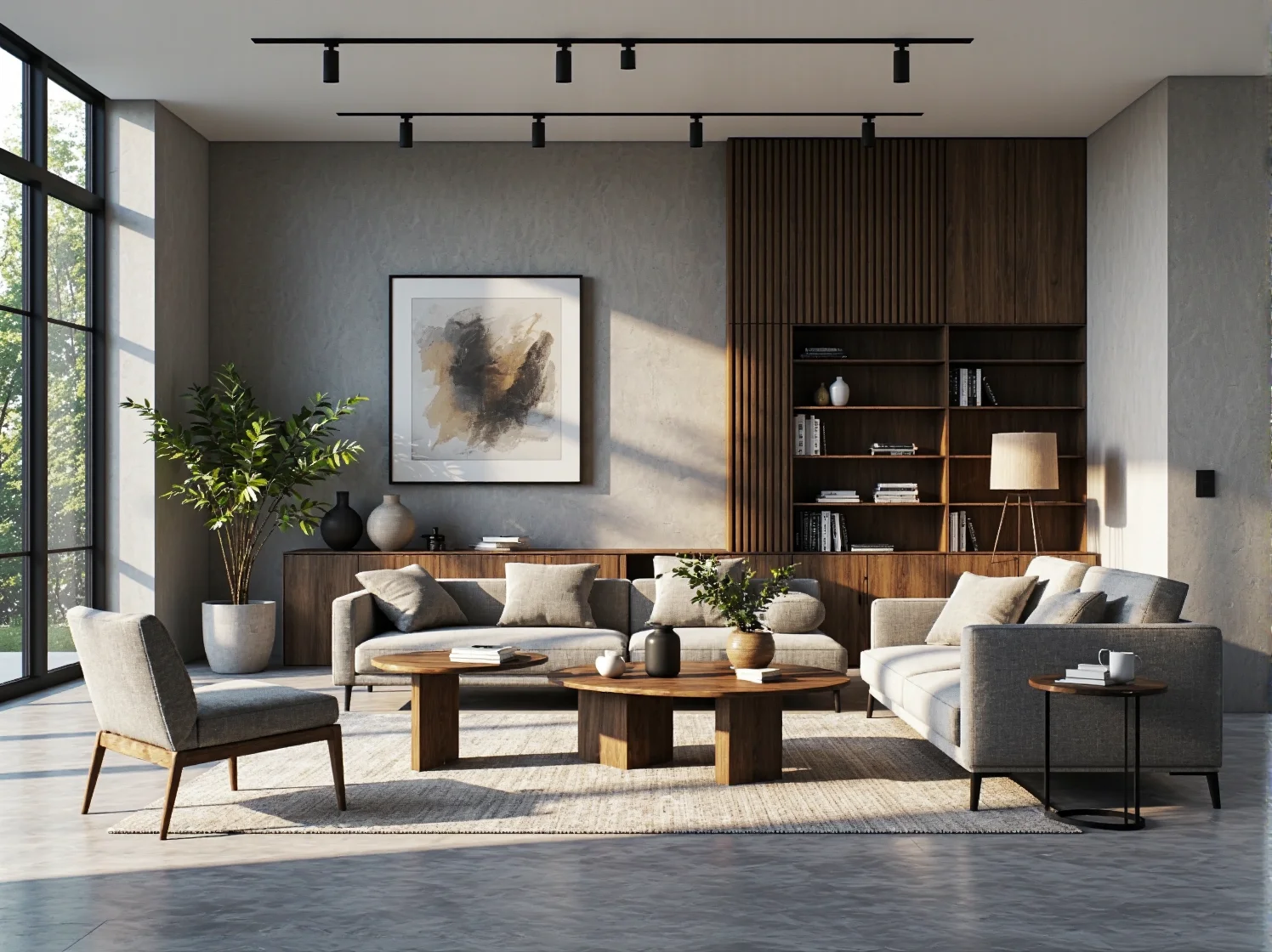 Komplet wypoczynkowy szary z sofami i fotelem na drewnianych nogach