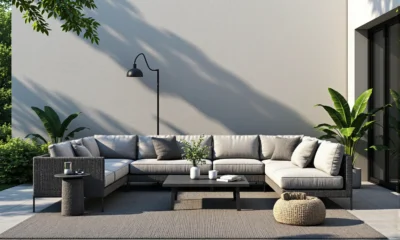 Narożny zestaw wypoczynkowy ogrodowy szary z rattanu i aluminium