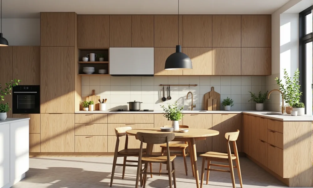 Meble kuchenne dąb naturalny z drewnianym stołem i krzesłami