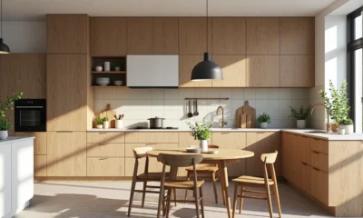 Meble kuchenne dąb naturalny z drewnianym stołem i krzesłami